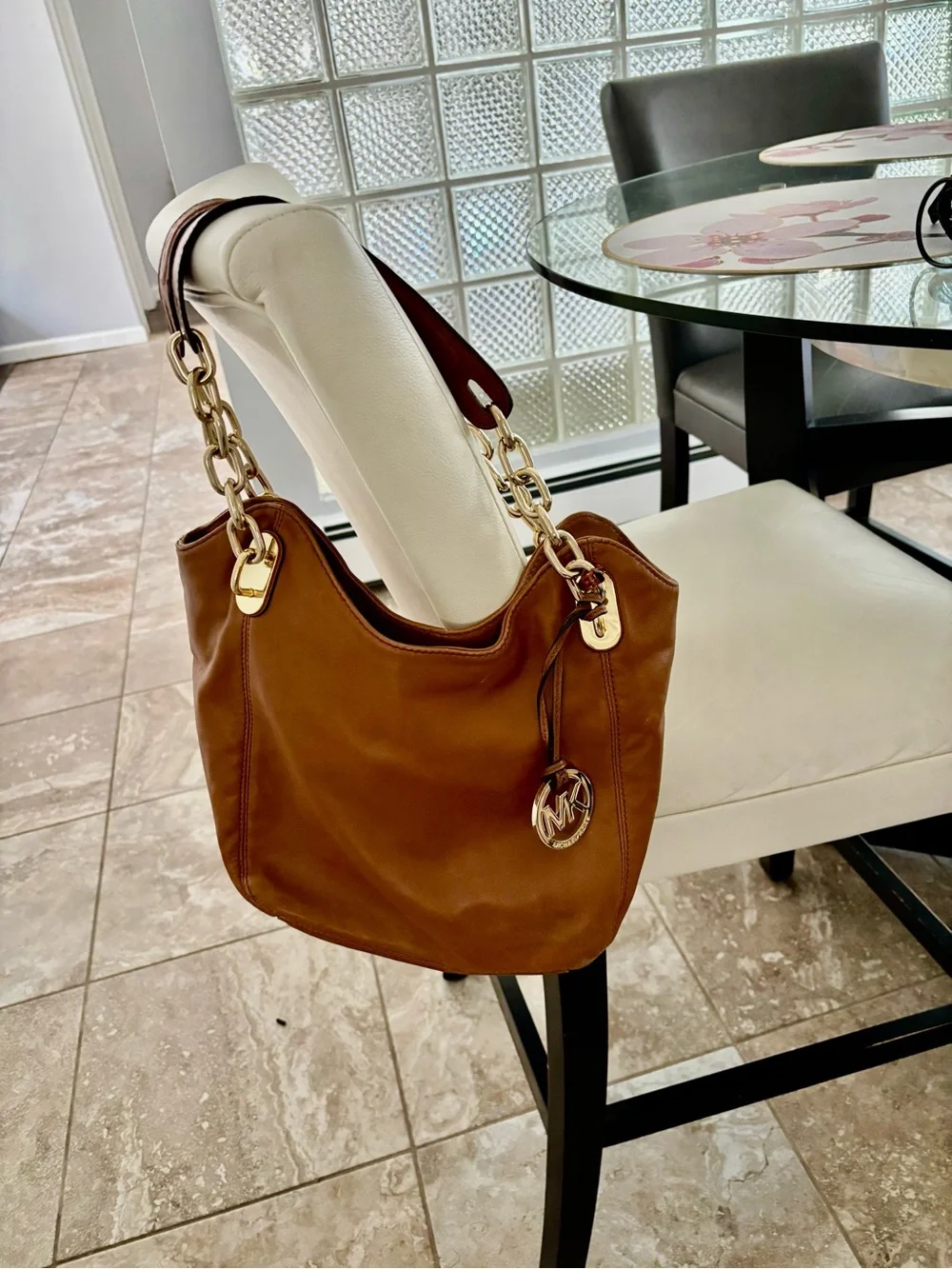 Michael Kors Brown Leather Hobo Bag with Gold Hardware